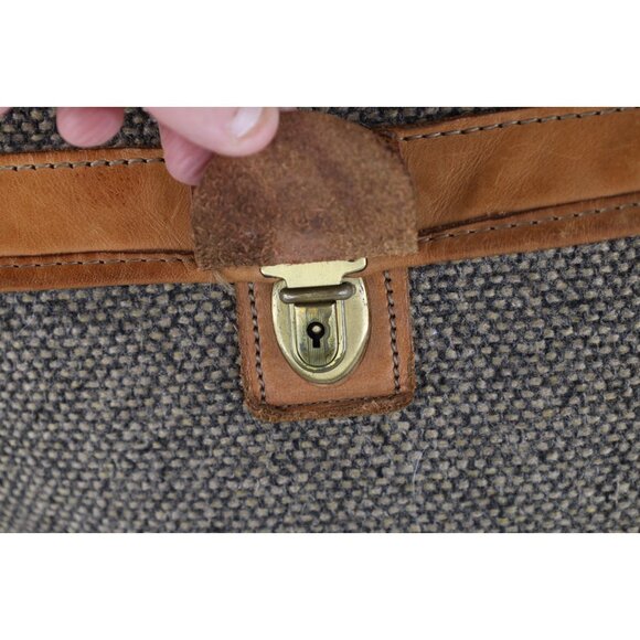 Vintage 70s 80s Streetwear Distressed Wool Tweed Leather Messenger Bag Briefcase - Picture 4 of 11